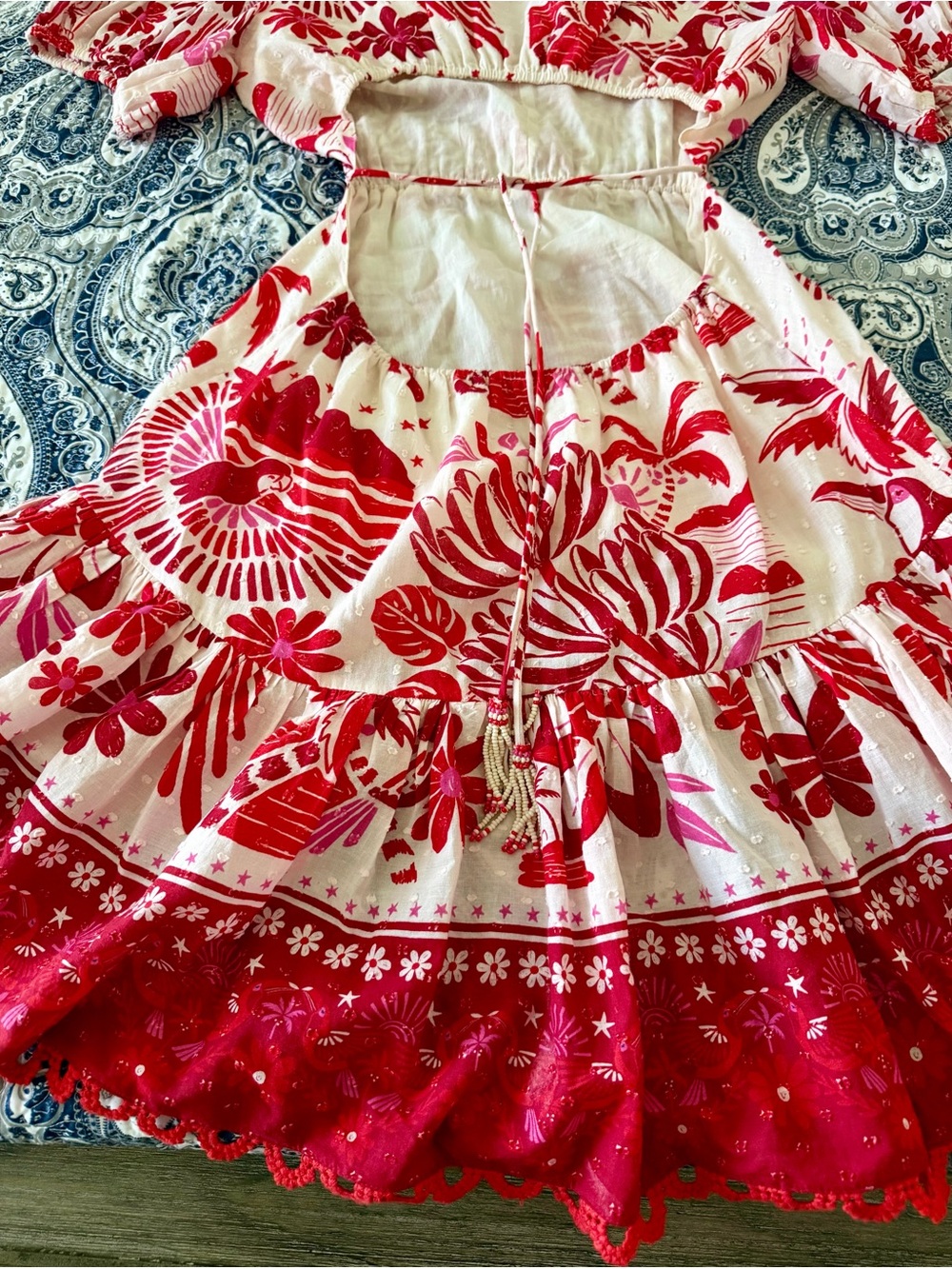 FARM Rio Red Pink Tropical Open Back Puff Sleeve Mini Dress M - Picture 11 of 12